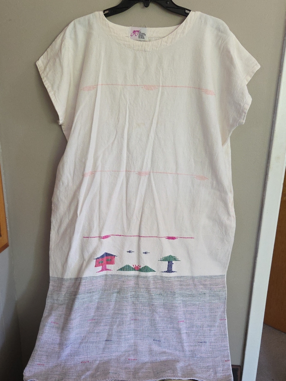 Vintage Pier 1 Cotton Dress with Pink, Blue and Green Embroidery